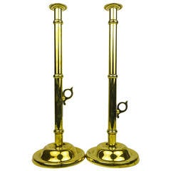 Antique Pair of English Victorian Brass Side Ejector Pulpit Candlesticks, circa 1850