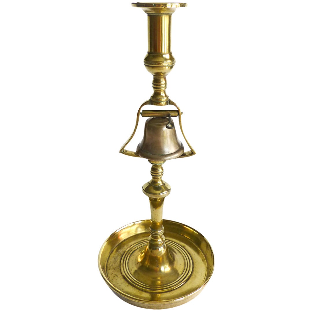 Single English Brass Tavern Candlestick with Bell, circa 1820 For Sale