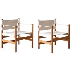 Two Børge Mogensen Danish Modern #2221 Fredericia Oak and Canvas Easy Chairs