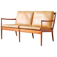 Ib Kofod-Larsen Samsö OPE Beech and Leather Loveseat or Sofa