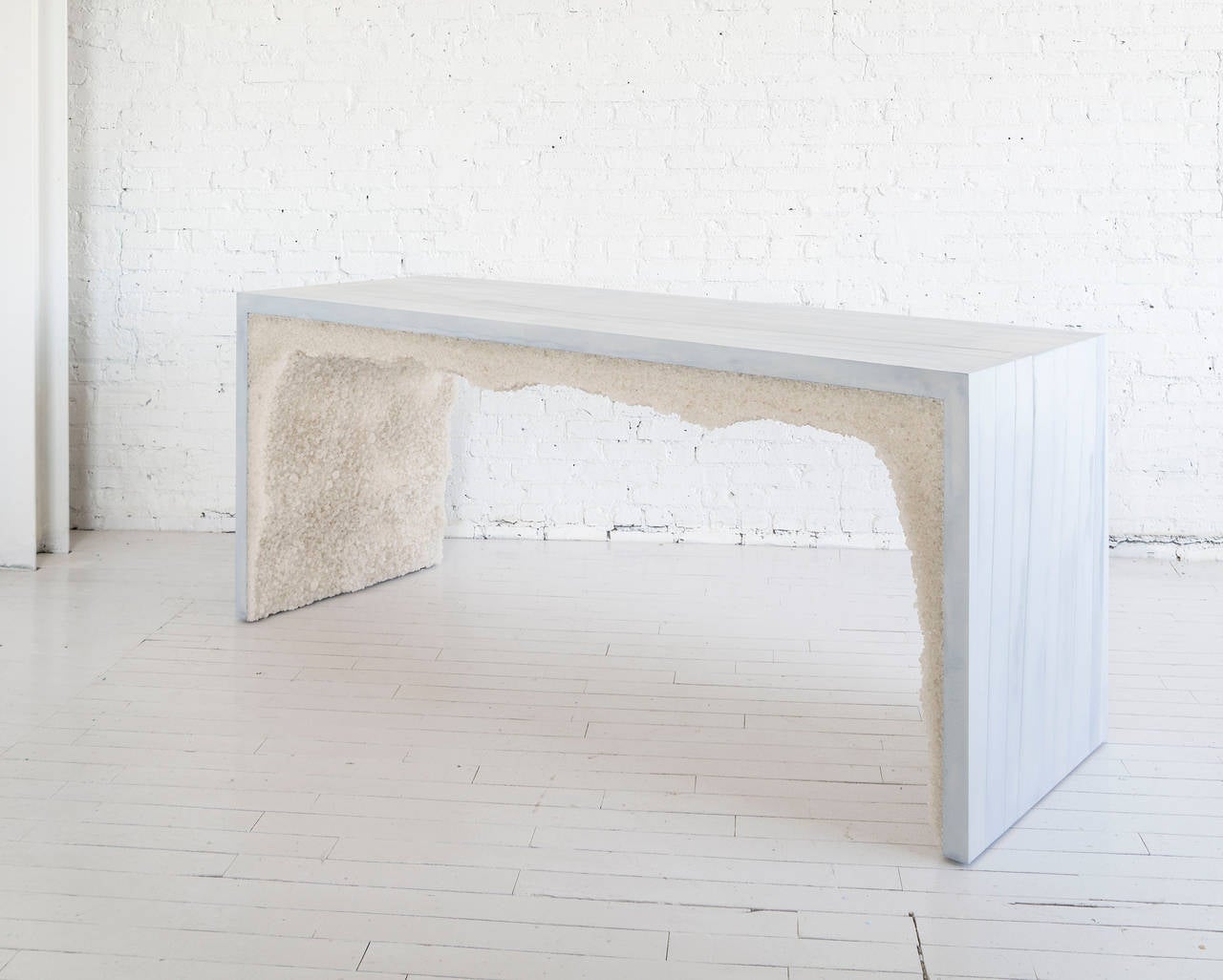 This made-to-order console consists of a hand-dyed ice blue cement exterior and a white rock salt interior. The rock salt is packed by hand within the cement in an organic nature. 8-10 weeks lead time.
Custom options available, please inquire with