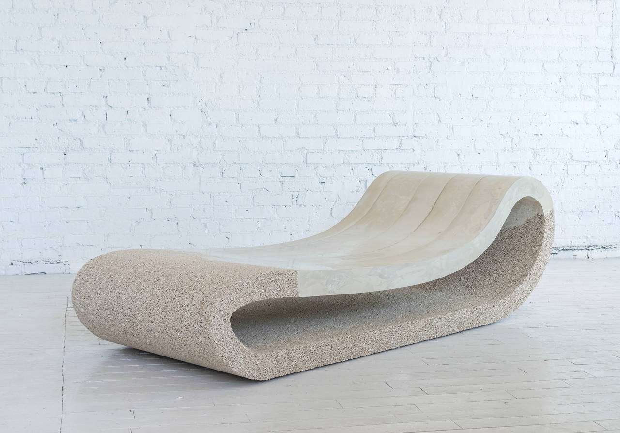 This chaise consists of a hand-dyed cream cement and crushed porcelain. The cement is poured by hand over the porcelain, creating an organic barrier between the two materials.
Custom options available, please inquire with the studio.
