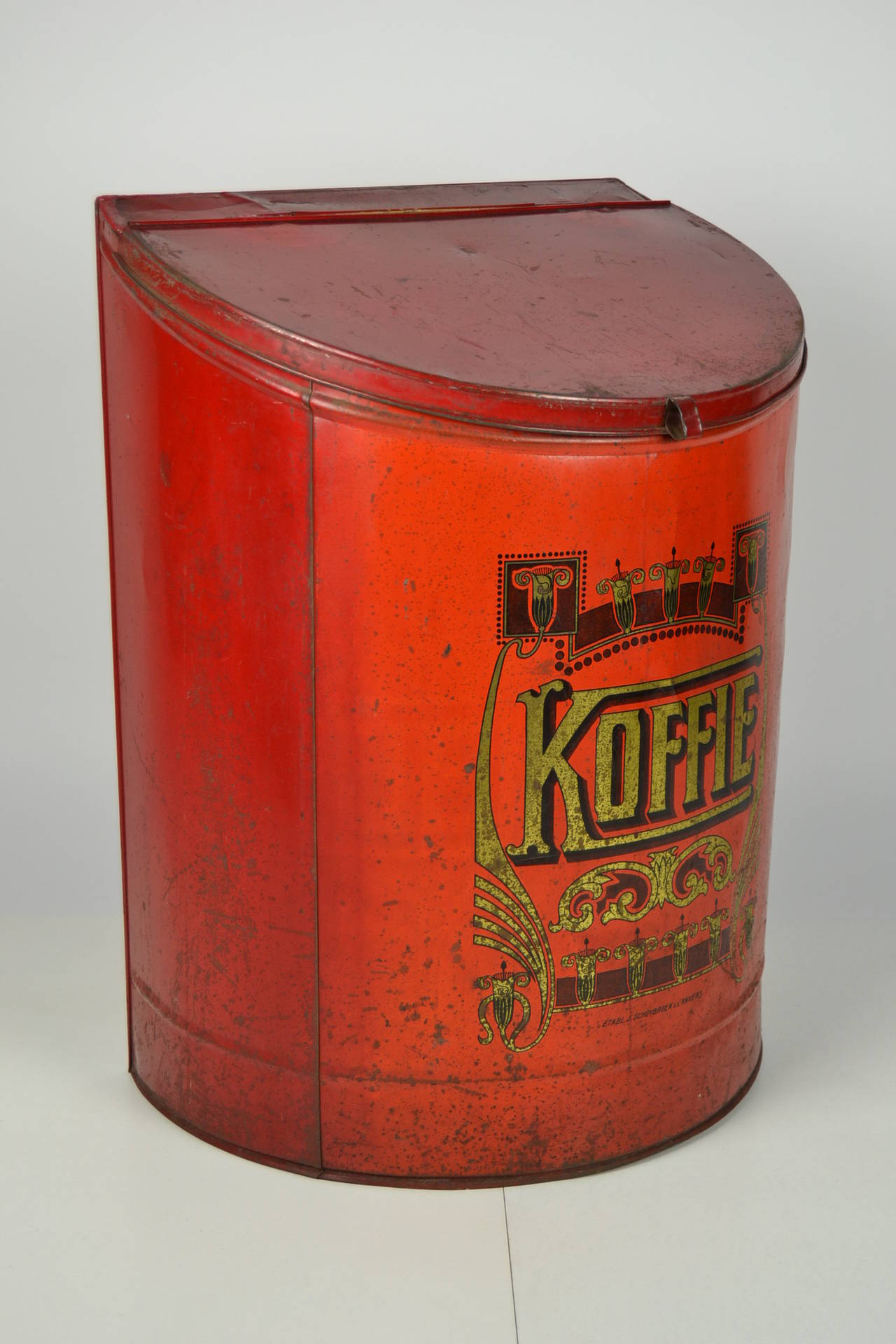 Antique XL coffee bin - coffee box - Merchant container box. Art nouveau period - Handmade by famous Etabl.J. Schuybroek sa Anvers / Belgium- circa 1910 - lithographic printing - hinges has been repaired.