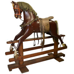 Antique Large Rocking Horse on Wooden Base 1