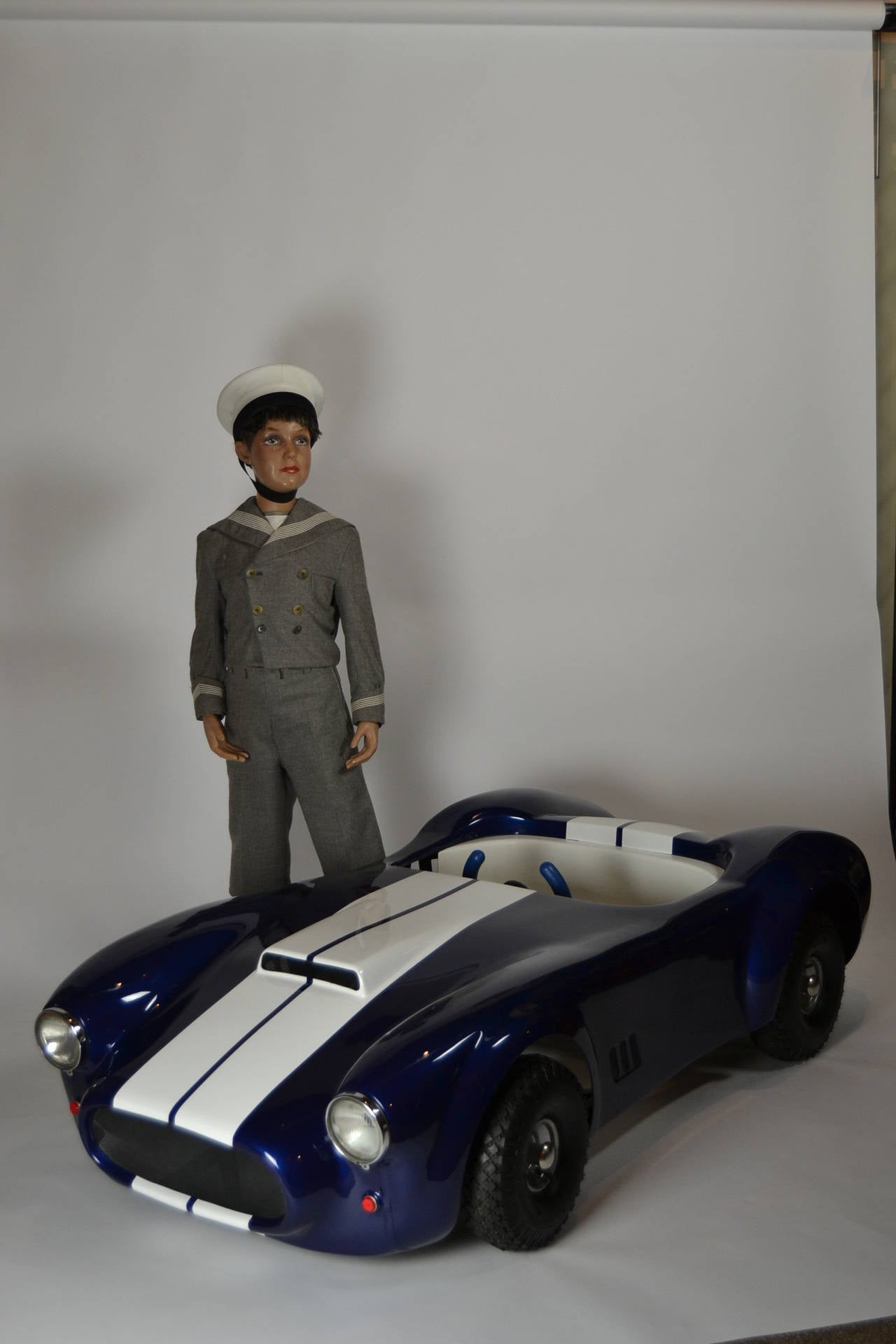 Awesome huge pedal car - type AC Cobra Shelby 1966 - Shelby American racing colours - racing blue with white stripes - vintage pedal car from the nineties - solid metal frame with fiberglass body