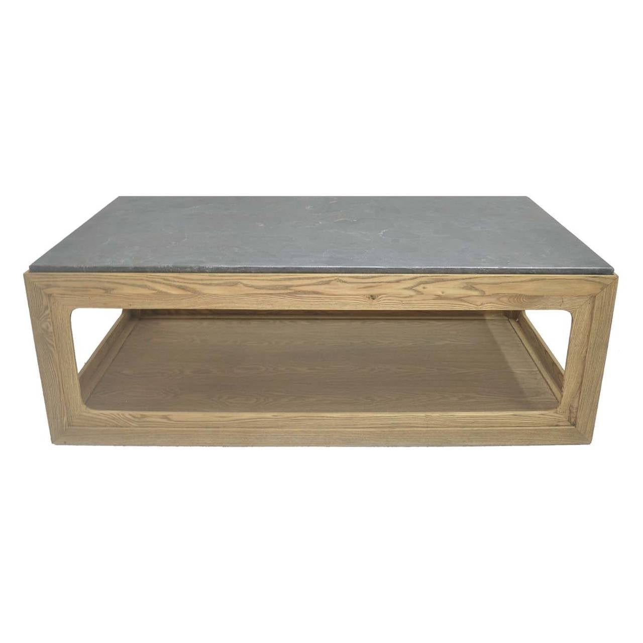 Song Style Coffee Table, when East meets West. In solid Elm Wood with Stone Soap Stone Top. We liked this so much so we created a Side Table to go with. 
Finish Shown: Gray Wash GGW, Gray Stone Top GS