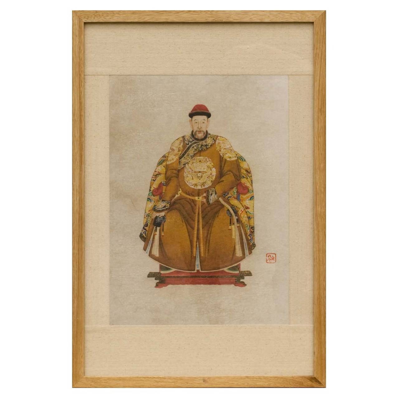 Pair of Chinese Ancestor Paintings depicting Husband and Wife, Hand painted, natural wood frame, matting in natural linen, and paper backed.