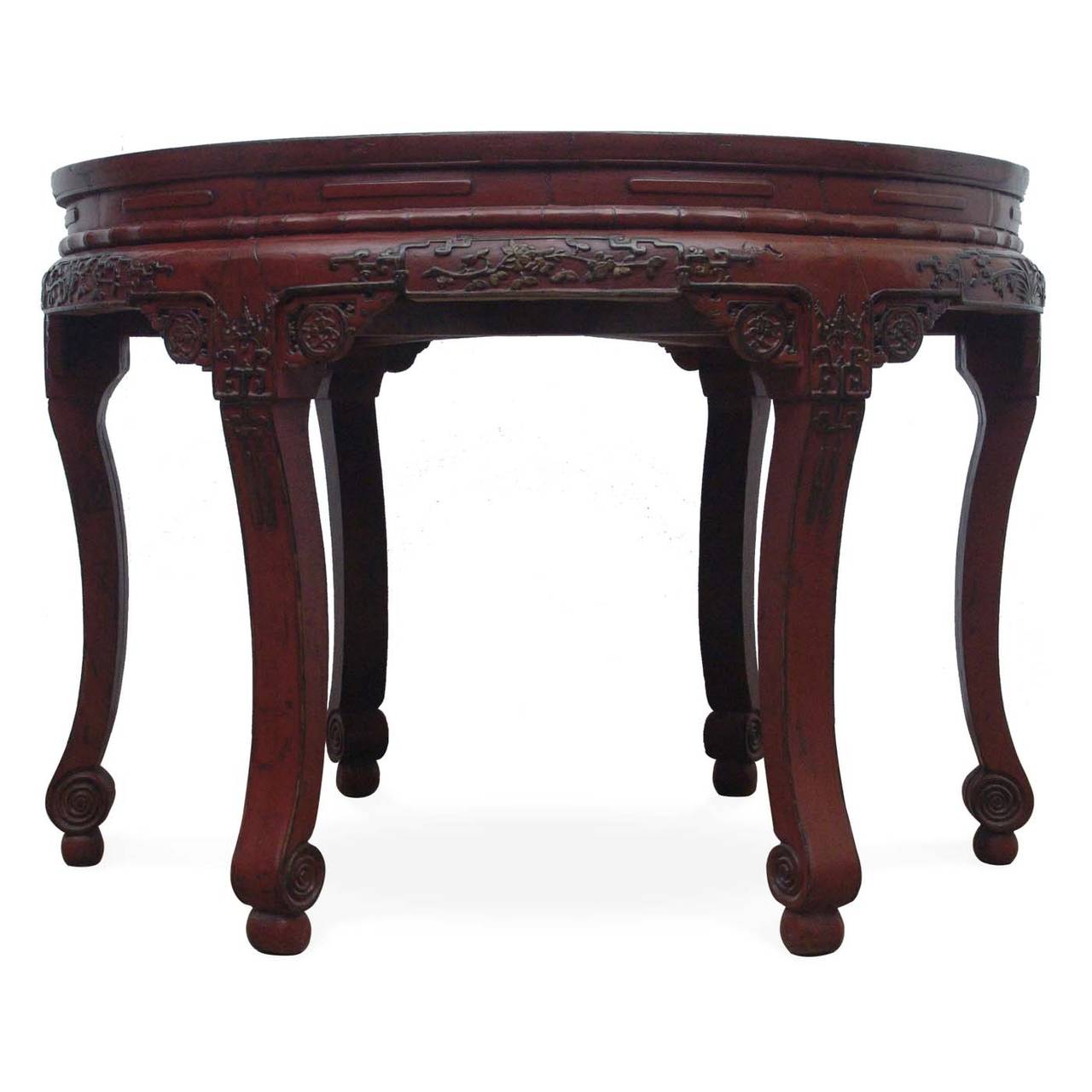 Pair of Red Lacquer Demilune Console Tables, Qing Dynasty