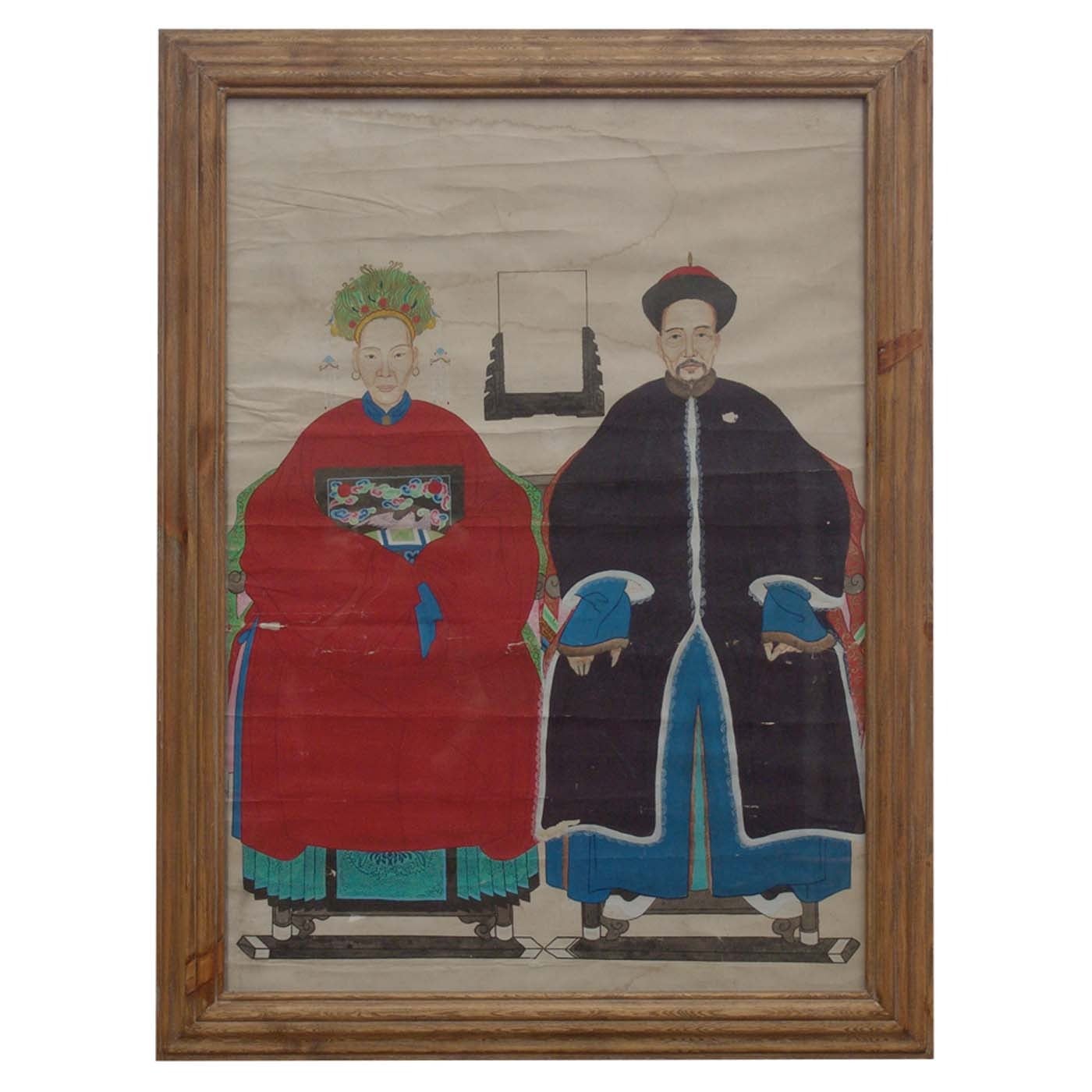 Ancestor Portrait of Husband and Wife, Late Qing Dynasty For Sale
