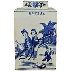 Rectangular Blue and White Porcelain Tea Urn and Cover