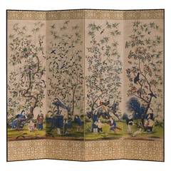 Impressive Hand-Painted Four-Leaf Chinoiserie Room Screen