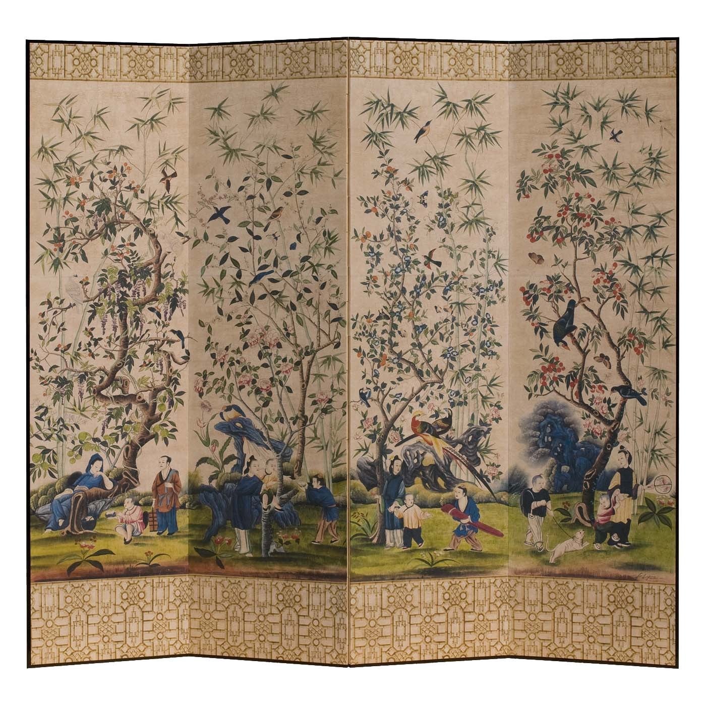 Impressive Hand-Painted Four-Leaf Chinoiserie Room Screen For Sale