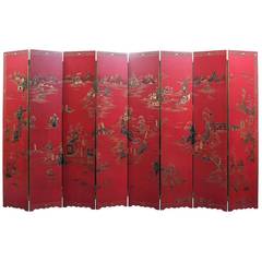 Impressive Chinese Red Lacquer Eight-Leaf Screen