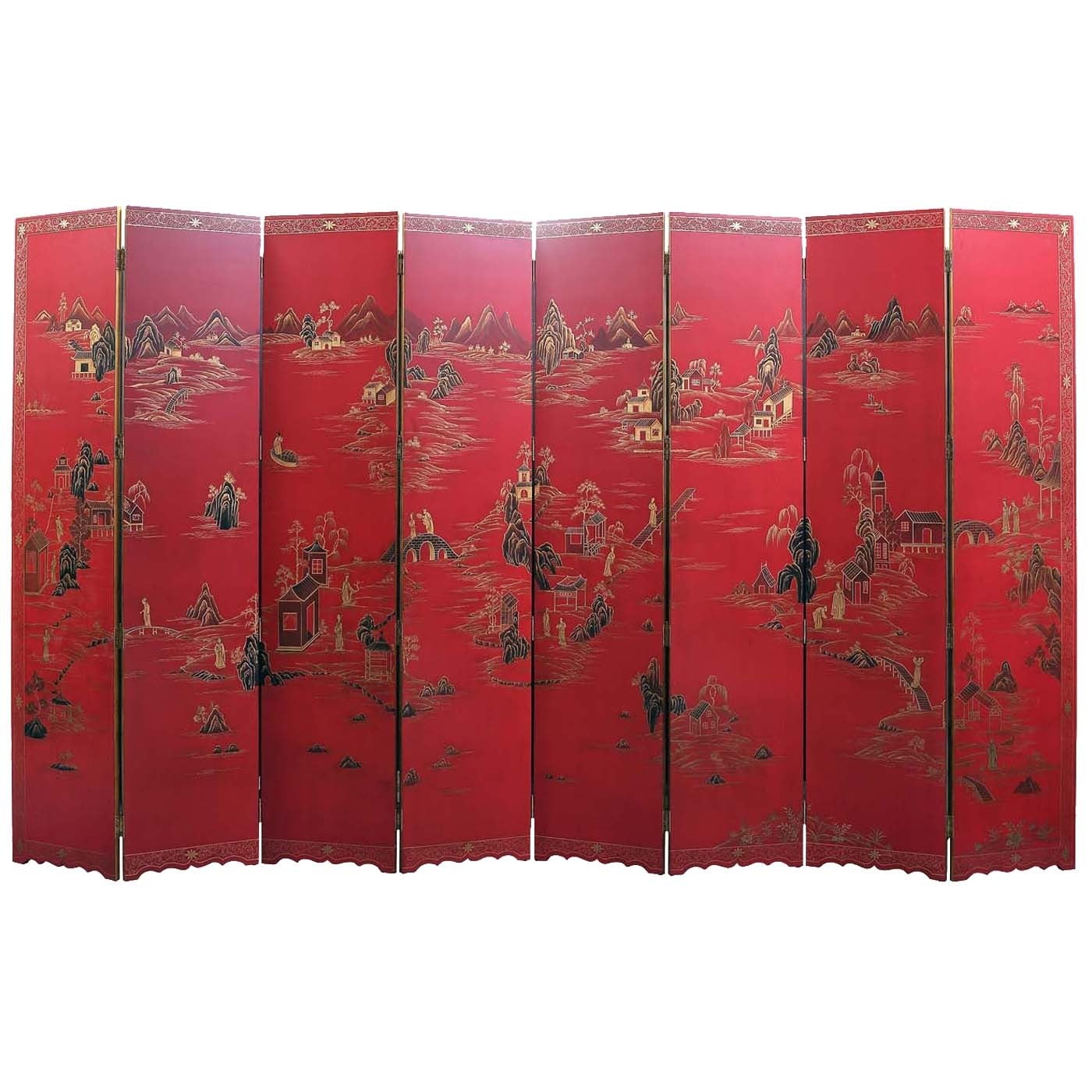 Impressive Chinese Red Lacquer Eight-Leaf Screen For Sale