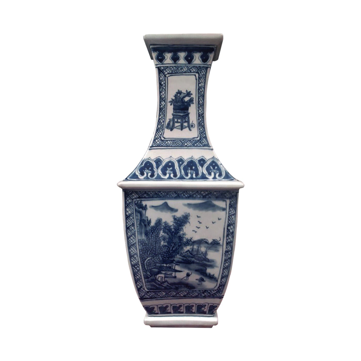 Fang Hu Form Blue and White Porcelain Vase For Sale
