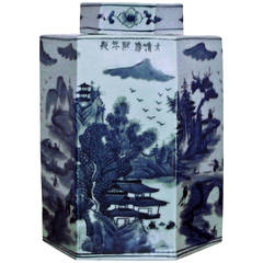 Hexagonal Blue and White Porcelain Tea Urn and Cover