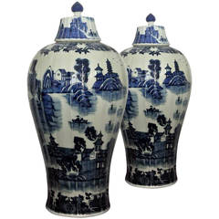 Pair of Meiping Shape Blue and White Vases and Covers in Ming Style