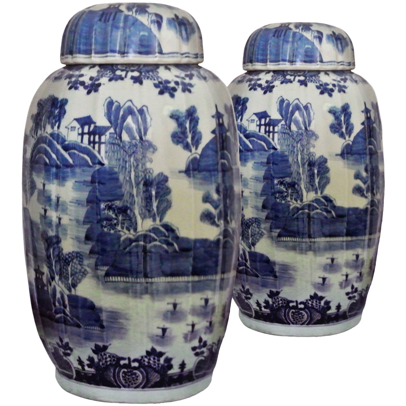 Pair of Blue and White Fluted Vases and Covers For Sale at 1stDibs