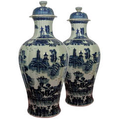Pair of Blue and White Porcelain Fluted Vases and Covers in Kangxi Style