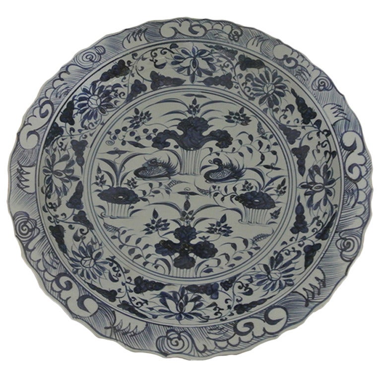 Blue and White Porcelain Charger Plate In Ming Style For Sale