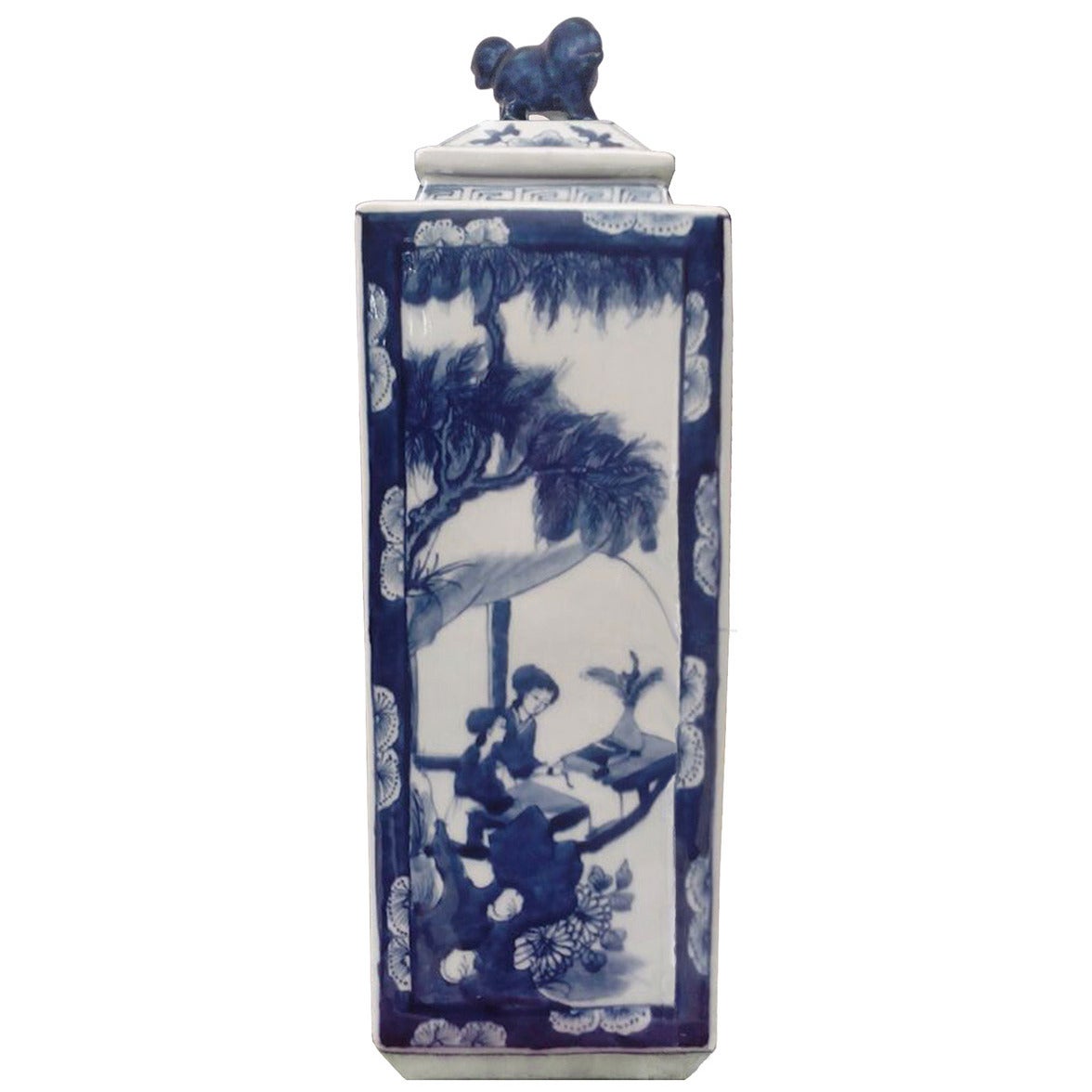 Rectangular Blue and White Porcelain Vase and Cover For Sale