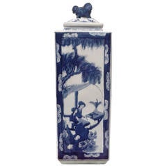 Rectangular Blue and White Porcelain Vase and Cover