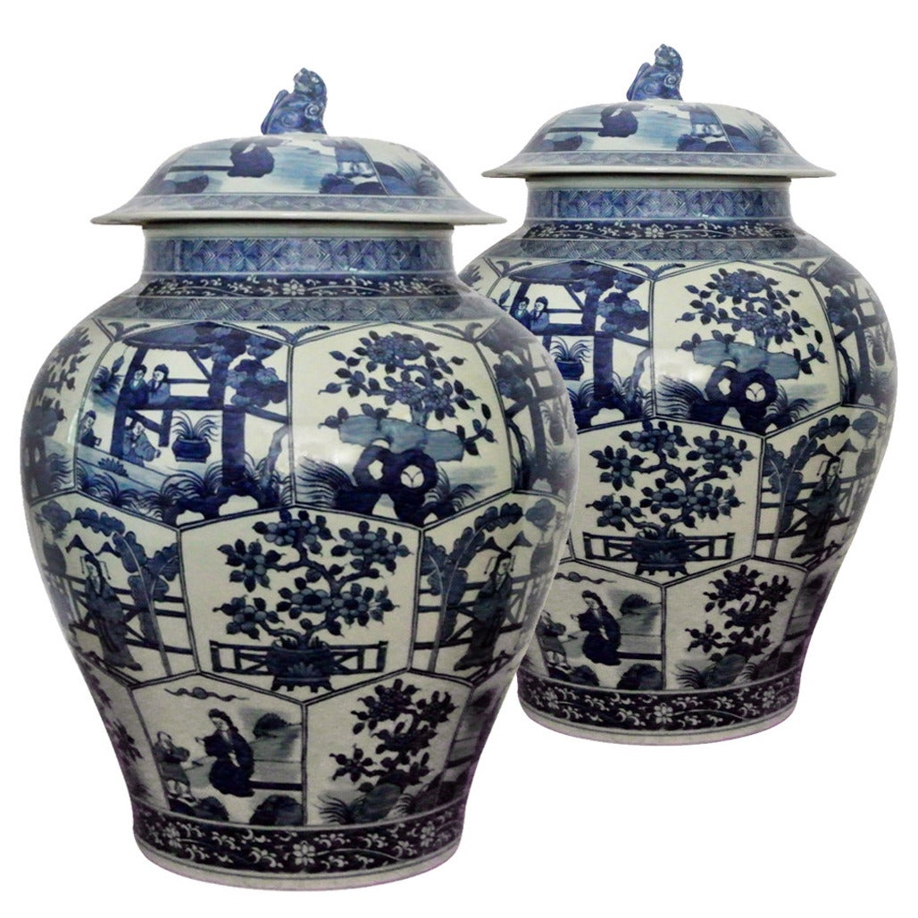 Pair of Meiping Shape Blue and White Vases and Covers with Fo-Lion Finials For Sale