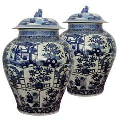 Pair of Meiping Shape Blue and White Vases and Covers with Fo-Lion Finials