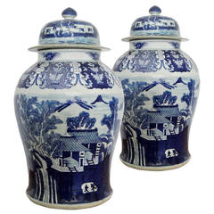 Pair of Meiping Shape Blue and White Vases and Covers