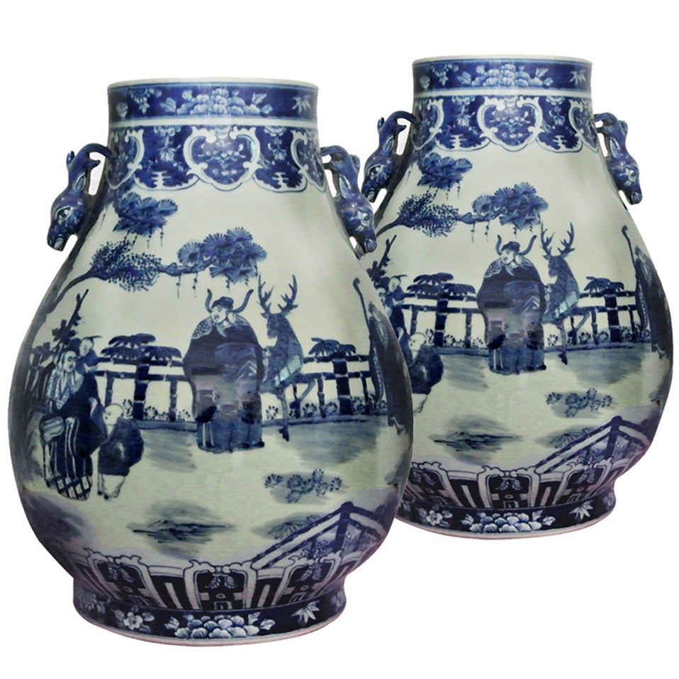 Pair of Blue and White Hu-Shape Vases with Deer Heads Handles For Sale