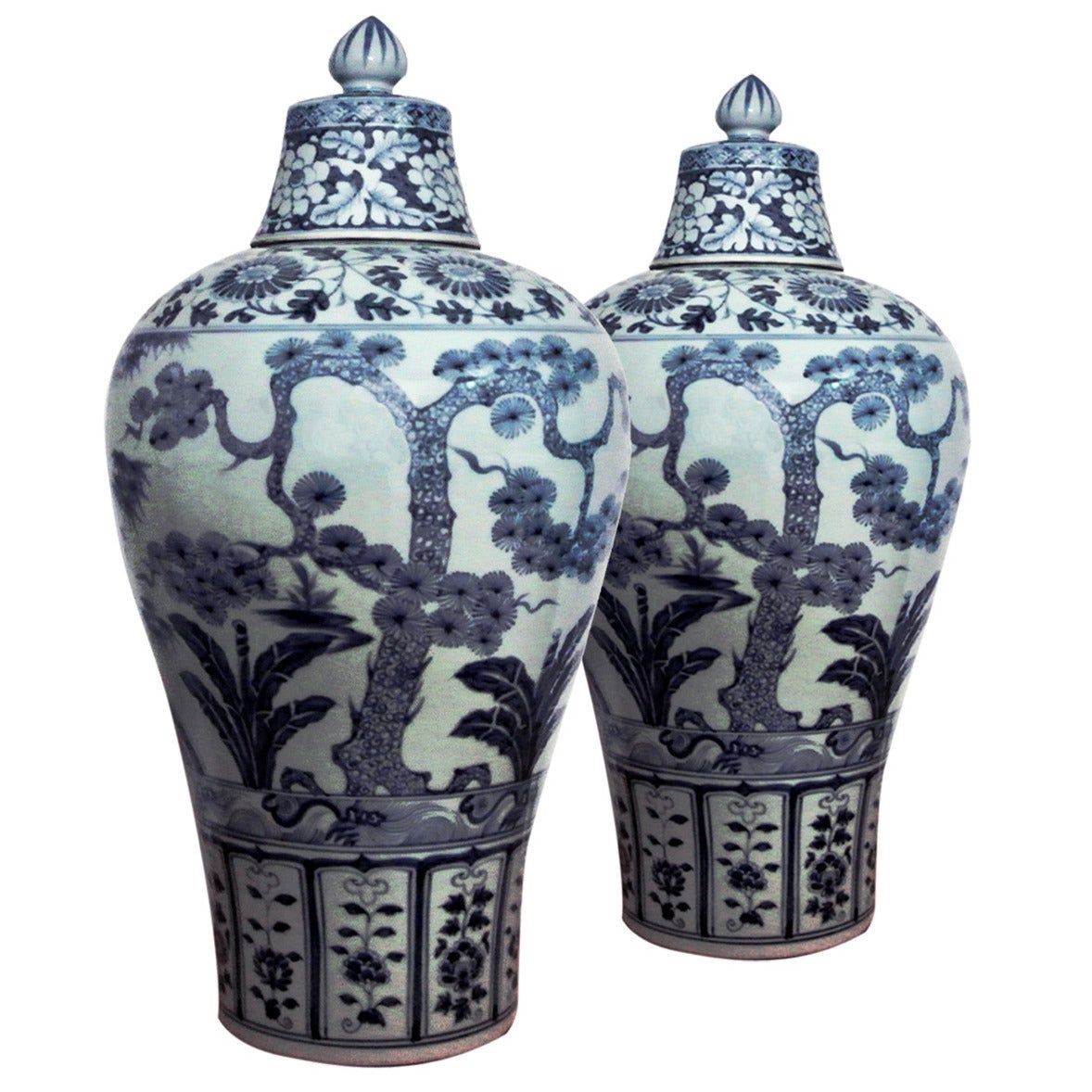 Pair of Meiping Shape Blue and White Vases and Covers in Ming Style For Sale
