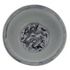 Blue and White Porcelain Accent Dragon Bowl in Ming Style