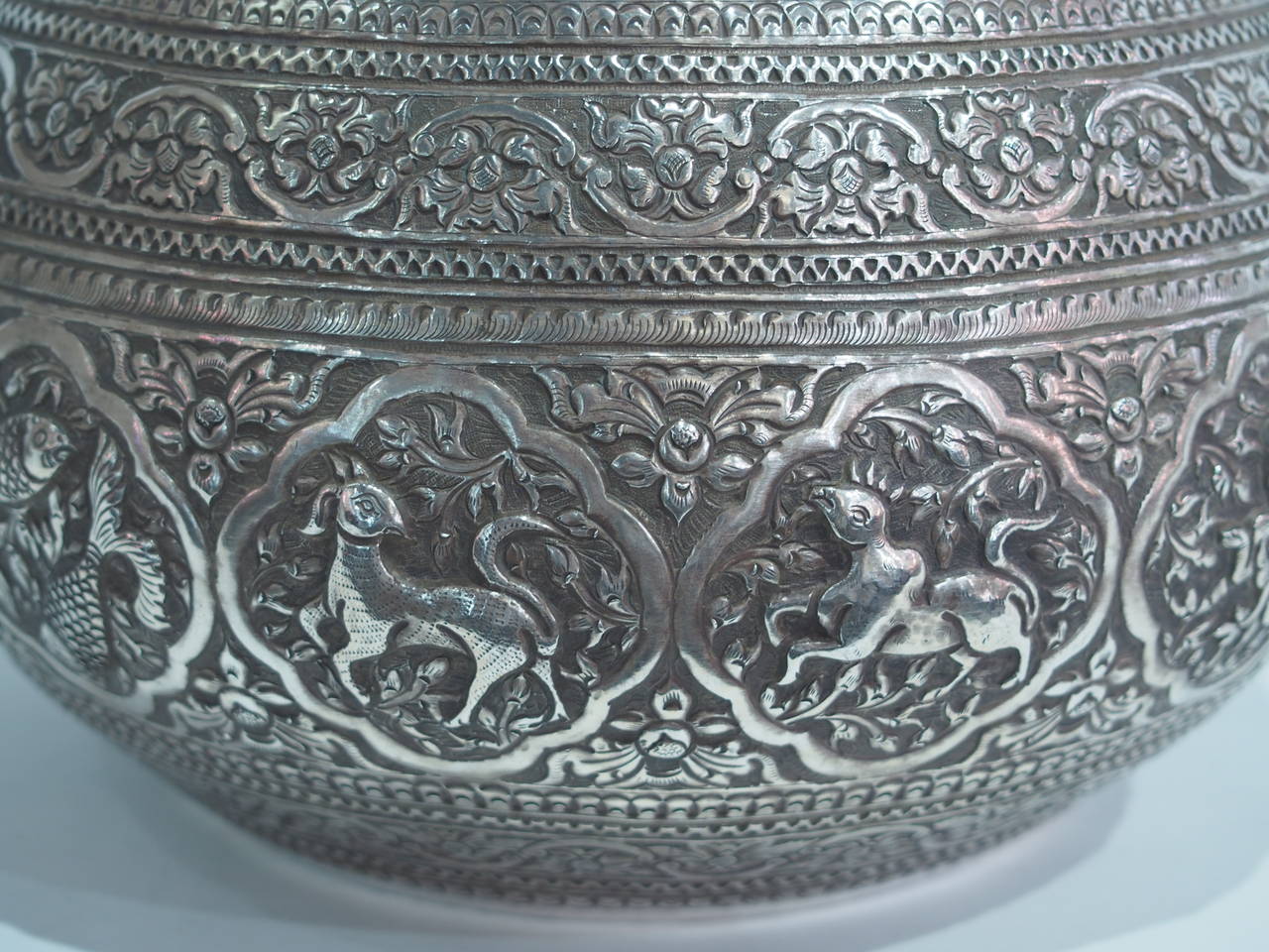 Old Hand-Worked Solid Silver Burmese Ceremonial Zodiac Bowl In Excellent Condition In 10 Chater Road, HK