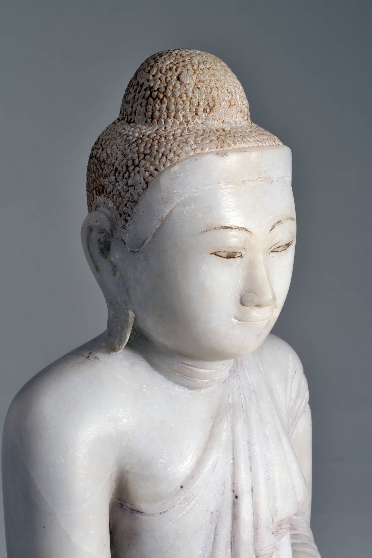 Hand-Carved Antique 19th Century Burmese Alabaster Seated Buddha Sculpture, Mandalay Style
