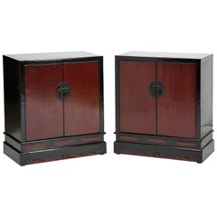 Antique Red & Black Lacquer Chinese Scholar's Book Chests/Cabinets, Chinoiserie