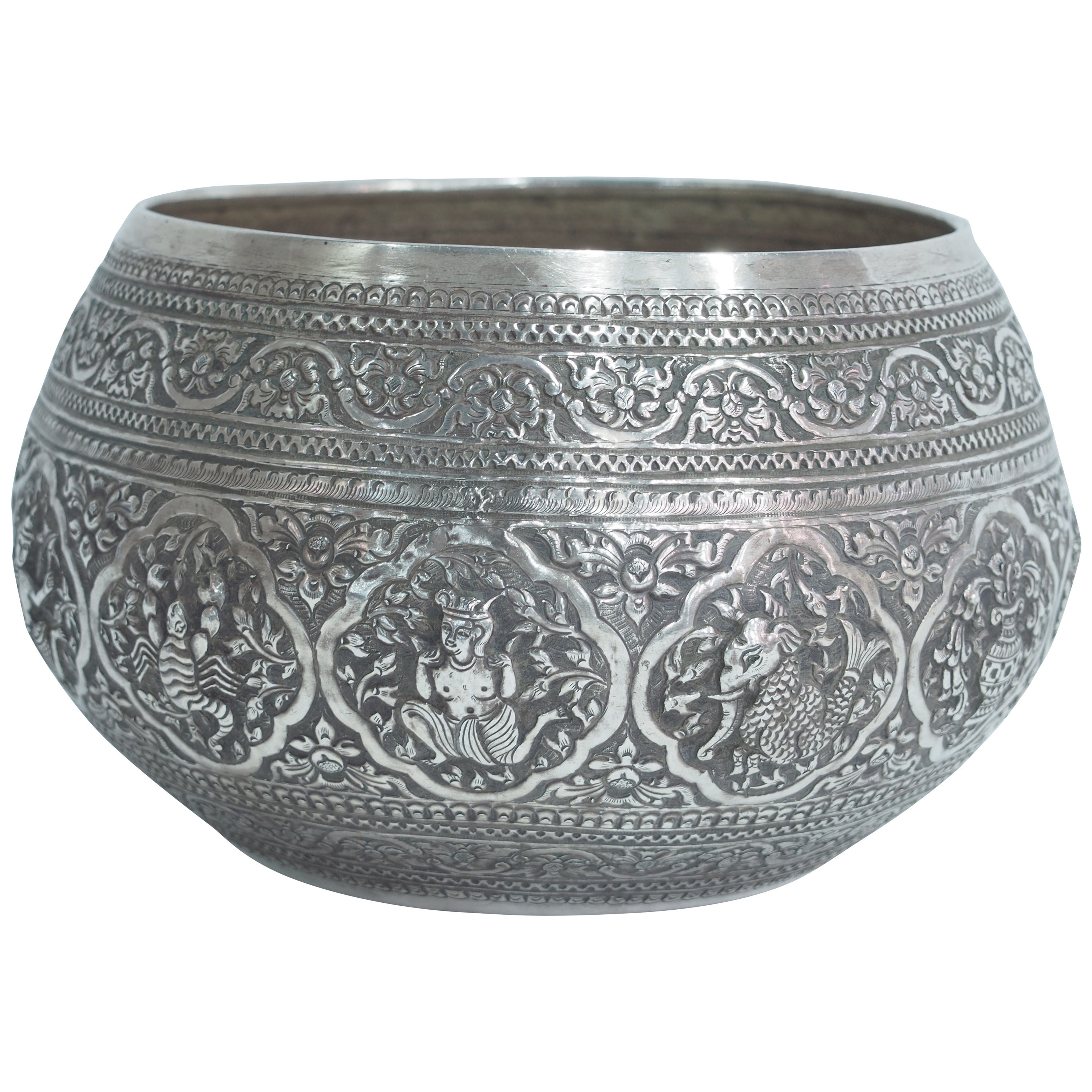Old Hand-Worked Solid Silver Burmese Ceremonial Zodiac Bowl