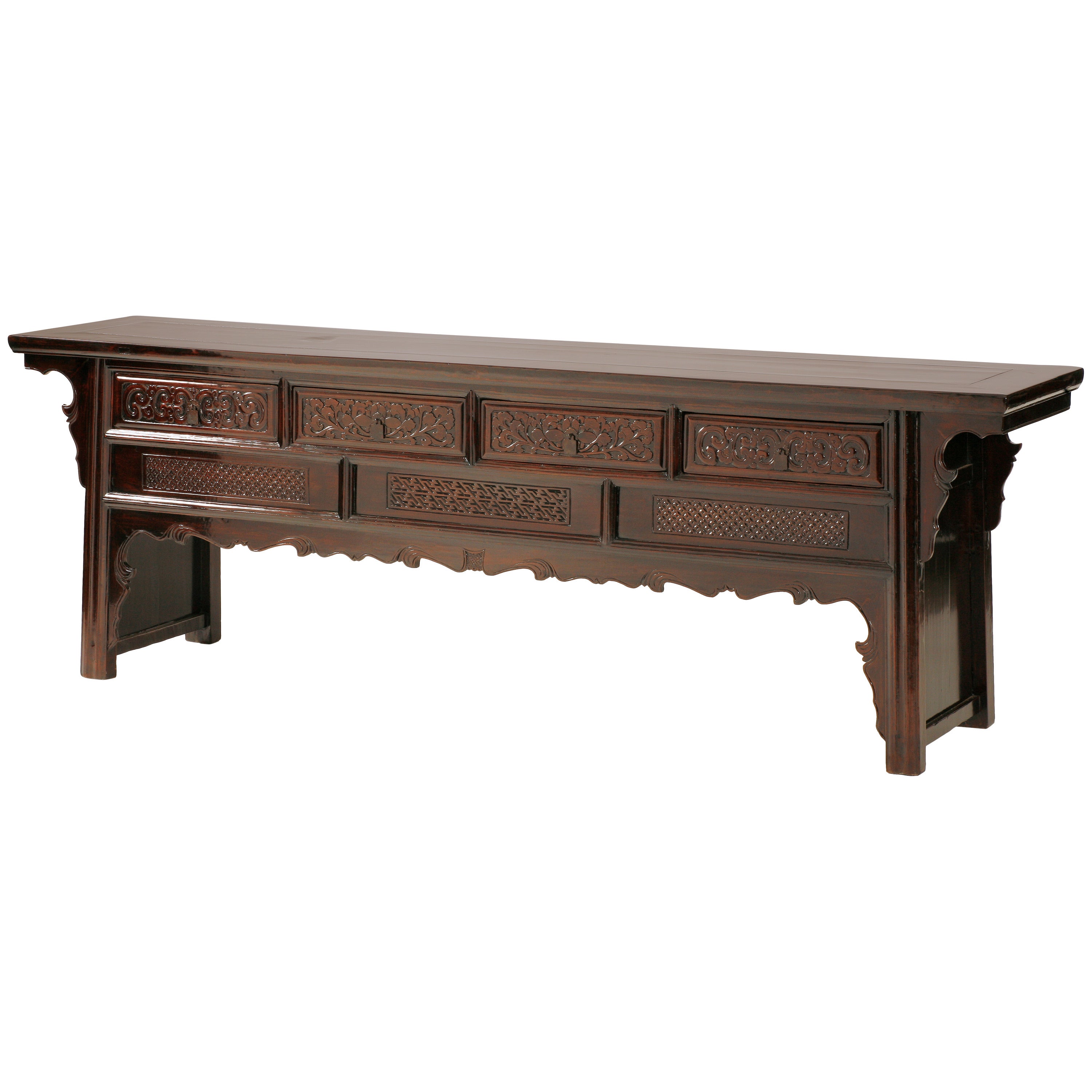 18th Century Chinese Walnut Altar Table or Raised Coffer with Relief-Carving