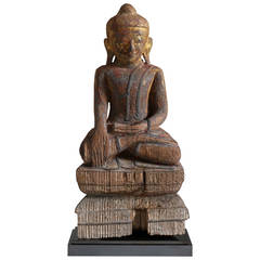 Antique Wooden Carved Burmese Gilt Seated Buddha Sculpture, Mandalay Style
