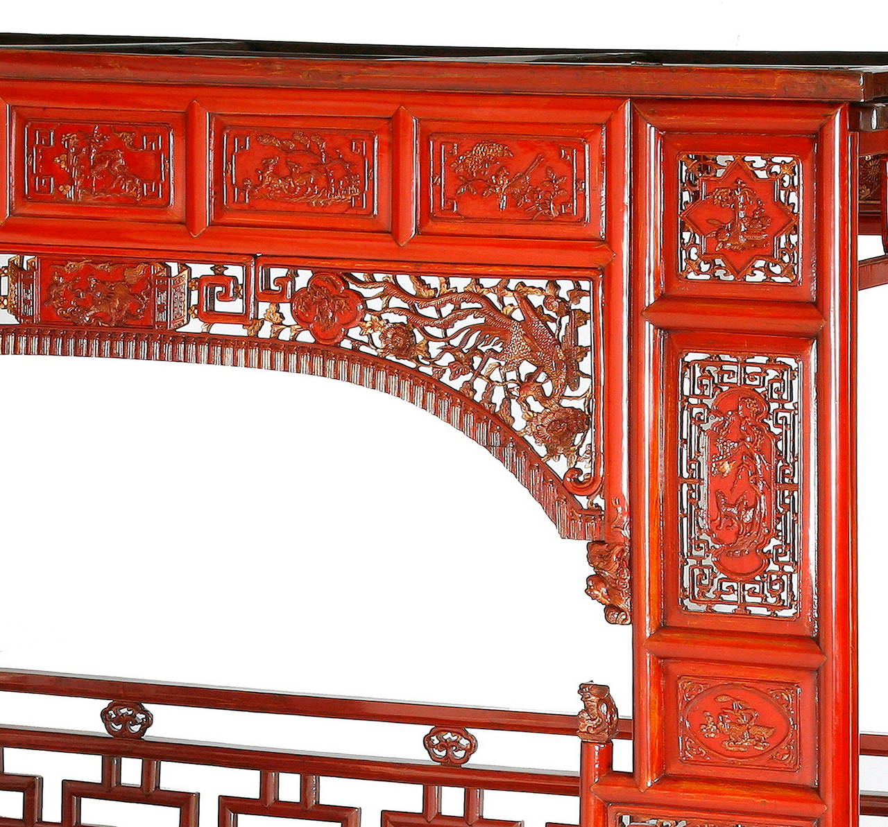 Chinese Antique Red Lacquer Gilt Six-Posted Carved Canopy or Wedding Bed, Chinoiserie