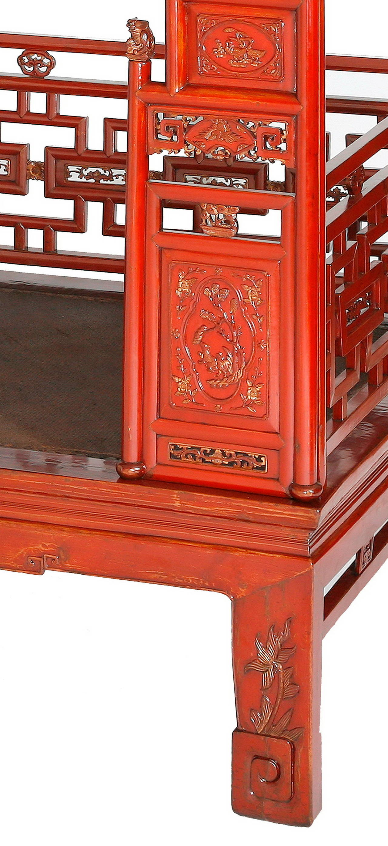 Hand-Crafted Antique Red Lacquer Gilt Six-Posted Carved Canopy or Wedding Bed, Chinoiserie