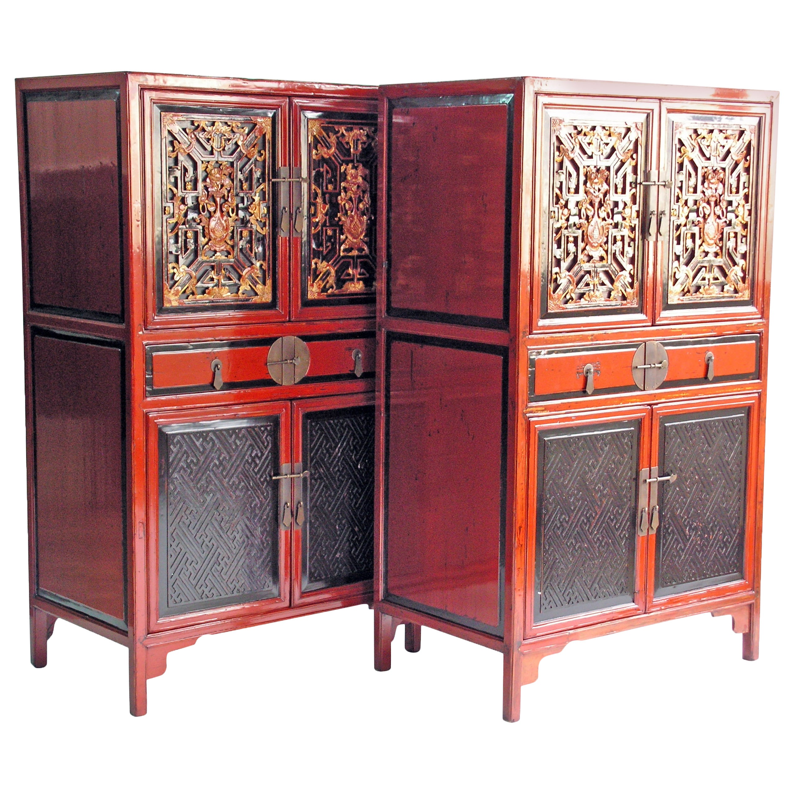 Antique Pair of Red and Black Cabinets with Gilt Lacquer Fretwork Carvings