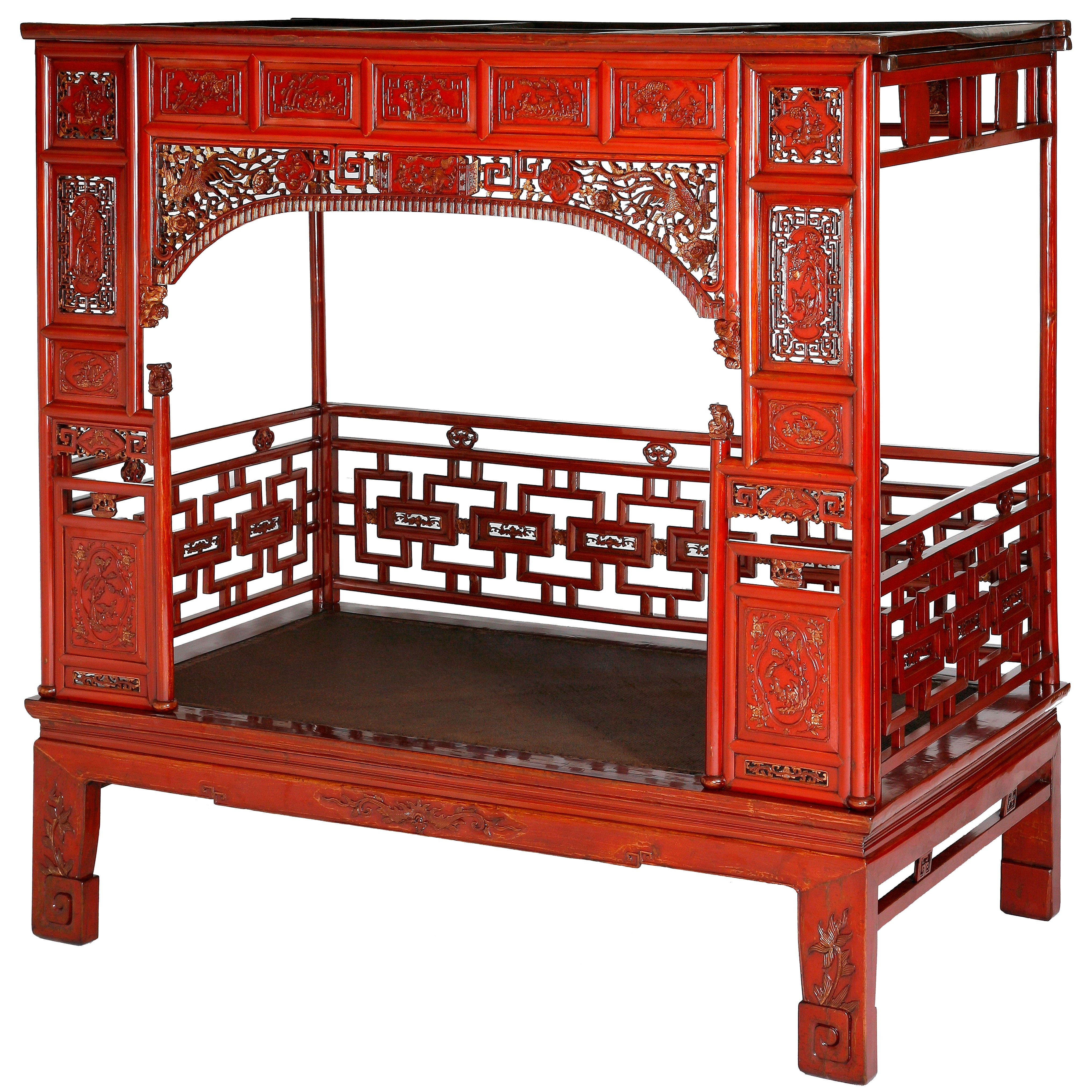 Antique Red Lacquer Gilt Six-Posted Carved Canopy or Wedding Bed, Chinoiserie