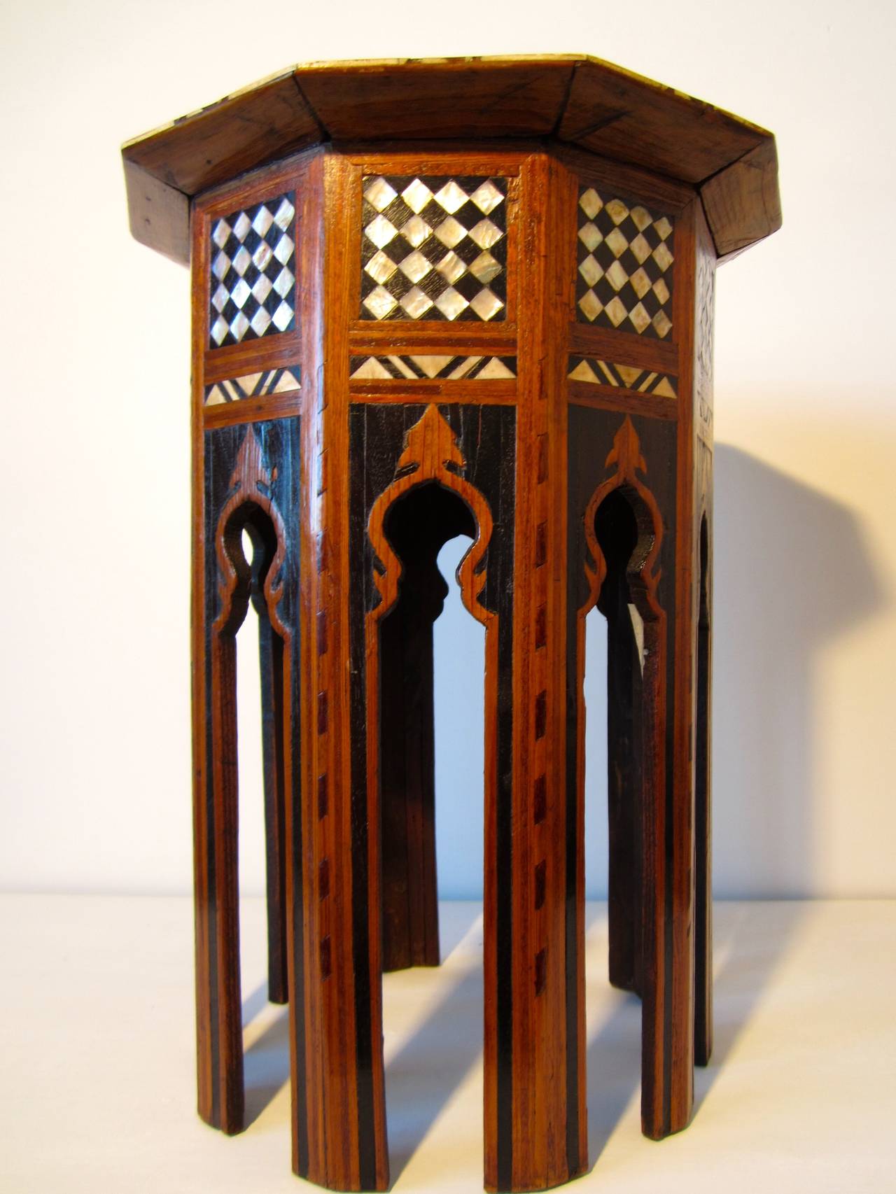 Ottoman mother of pearl, bone and precious woods inlaid small table with decagonal top