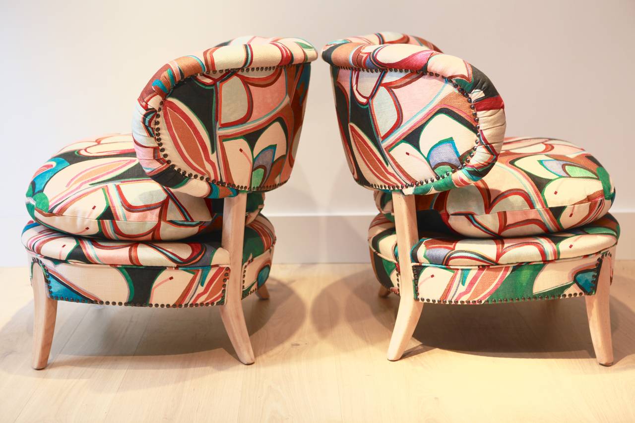 Pair of cocktail chairs designed by Otto Schulz for Boet, Sweden, 1940s.
Stained wood and linen.