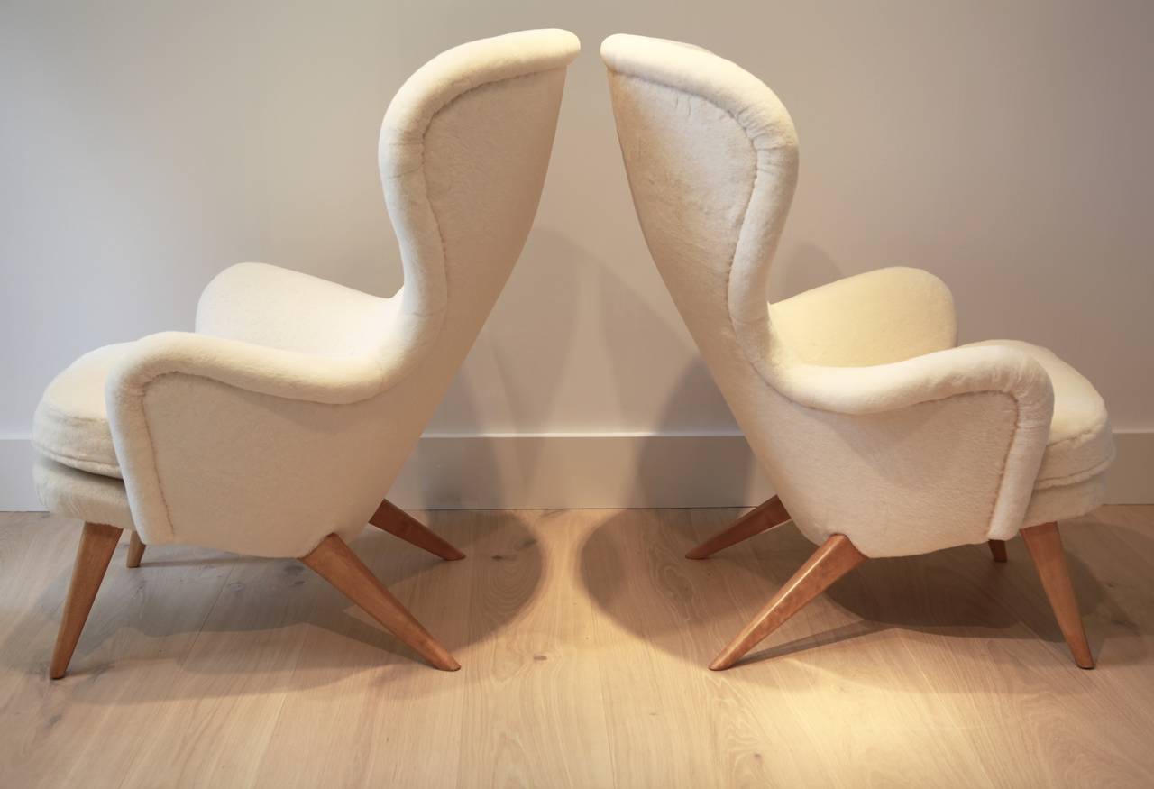 Pair of high back armchairs designed by Carl Gustav Hiort af Ornäs,
Finland 1950s.
Stained wood and mohair upholstery.