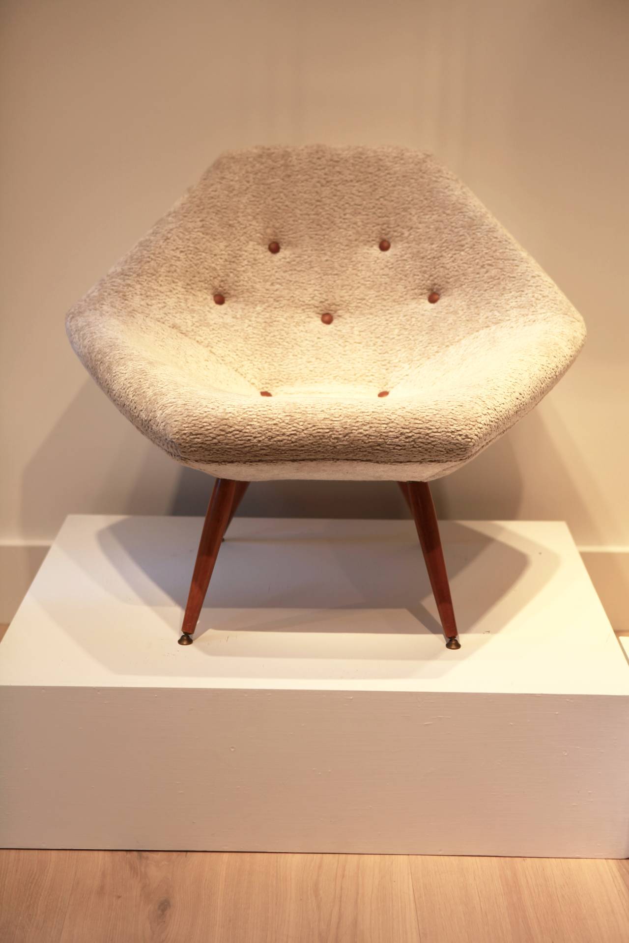 Diamond shaped armchair,
Sweden, 1960s,
stained wood, brass, leather, fabric upholstery.