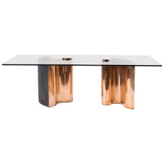Unique Table, Brass Copper-Plated, Colorless Glass