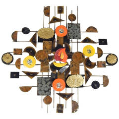 Mid Century Enameled Brass Wall Sculpture, USA