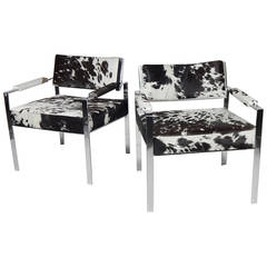 Pair of Harvey Probber Chrome Flat Bar Lounge Chairs, 1960s