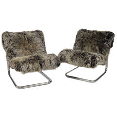 Pair of Tubular Chrome and Faux Fur Lounge Chairs, 1970s